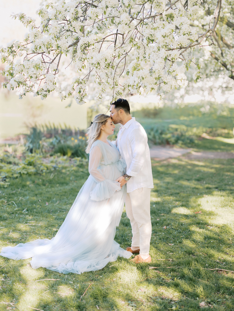 husband kisses pregnant wife on the forehead under the apple blossom trees at lyndale park rose garden during their minneapolis maternity photoshoot